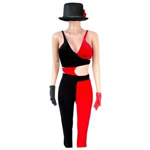 Red & Black Velvet Colorblock Jumpsuit Dance Costume with Top Hat & Gloves